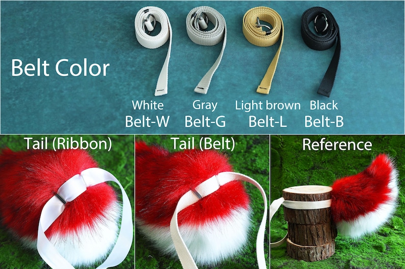May include: Image showing four belt colors: white, gray, light brown, and black. The text "Belt Color" is at the top. Below are examples of a red and white tail with a ribbon and a belt.