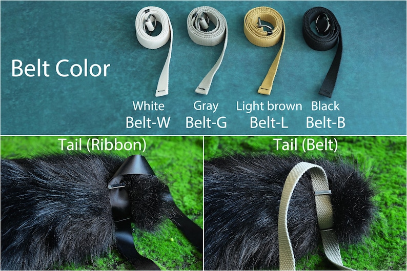 May include: Image showcasing four belt colors: white, gray, light brown, and black. The text "Belt Color" is at the top. Below, two images show a black furry tail with a black ribbon and a gray belt attached. The text "Tail (Ribbon)" and "Tail (Belt)" are also present.