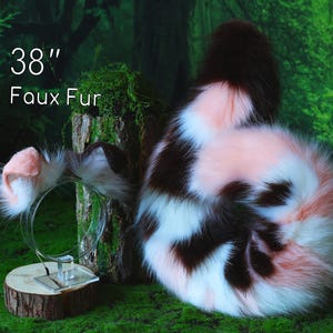 Brown pink shepherd dog tail and ear set faux fur  shiba Inu dog ear and tail curved puppy tail anime cosplay puppy petplay halloween gift