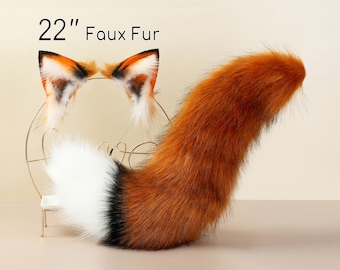 Faux fur fox ear and tail curved wolf tail and ear cat tail and ear kitten ear and tail set anime cosplay ear and tail petplay