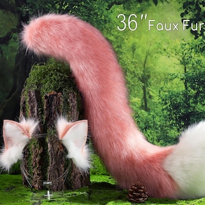 Roze en witte stiksels vos oren en staart gebogen wolf staart en oren kattenstaart en oren kitten oren en staart set anime cosplay rollenspel