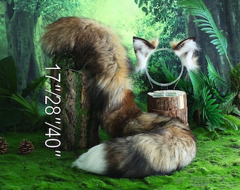 Cola y orejas de zorro de piel auténtica marrón, orejas de piel sintética, cola y orejas de lobo, orejas y cola de gato, juego de mascotas, juego de gatitos, anime, cosplay, juego de rol, kemonomimi