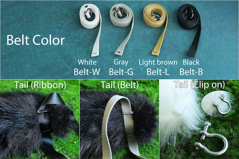 May include: Image showcasing belt color options: white, gray, light brown, and black. The image also displays three tail attachment styles: ribbon, belt, and clip-on. The text "Belt Color" is at the top.
