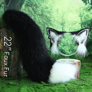 Faux fur fox ear and tail curved wolf tail and ear cat tail and ear kitten ear and tail set Loona cosplay fox kemonomimi wolf ear and tail
