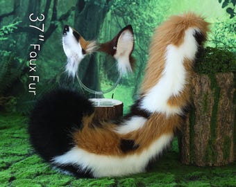Calico Kunstpelz Katze Ohren und Schwanz gebogen Welpen Schwanz und Ohren Wolf Schwanz und Ohren Fuchs Fuchs Ohren und Schwanz Set Anime Cosplay Rolle spielen Halloween Geschenk