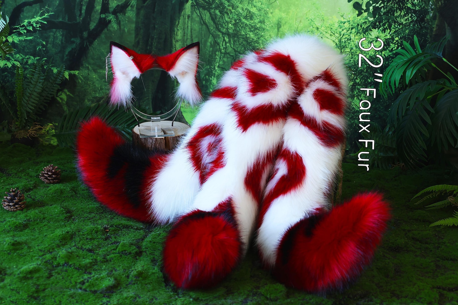 3 Tailed Kitsune Tail and Ear Set Faux Fur Red White 3 Fox Tails and ...