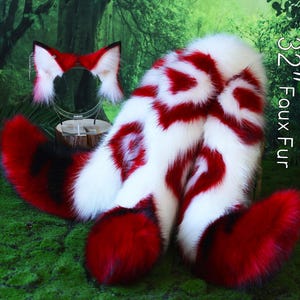 3 tailed Kitsune Schwanz und Ohren set Kunstfell rot weiß 3 Fuchs Schwänze und Ohren Kätzchen Ohren und Schwanz set Wolf Wolf Ohren und Schwanz Anime Cosplay Rollenspiel