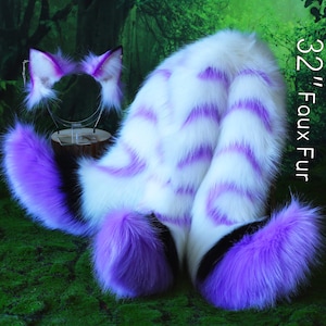 3 tailed Kitsune Schwanz und Ohr Kunstfell lila weiß 3 Fuchs Schwänze und Ohren Kätzchen Ohr und Schwanz set Wolf Ohr und Schwanz Anime Cosplay Rollenspiel