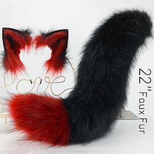Rood zwart nepbont vos oor en staart gebogen wolf staart en oor kattenstaart en oor kitten oor en staart set anime cosplay oor en staart petplay