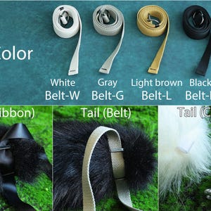 May include: A close-up of three different tail options for a furry costume. The tails are made of faux fur and come in black, white, and brown. The tails can be attached with a ribbon, a belt, or a clip.