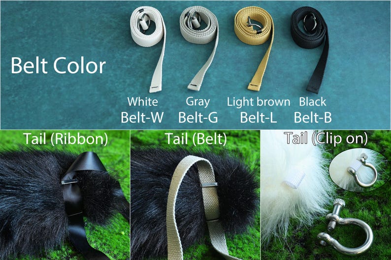 May include: A close-up of three different tail options for a furry costume. The tails are made of faux fur and come in black, white, and brown. The tails can be attached with a ribbon, a belt, or a clip.
