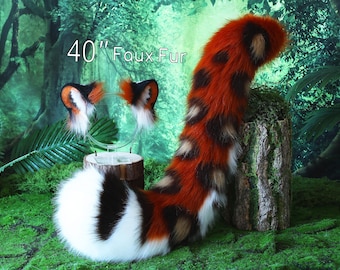 Conjunto de orejas y cola de leopardo de las nieves de piel sintética para juego de rol, cosplay de leopardo de las nieves realista, orejas y cola de jaguar, jaguar Kemonomimi, leopardo peludo Therian