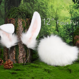 Realistic white faux fur bunny ear and tail set bendable bunny ear cosplay rabbit ear and tail neko ear petplay ear bunnyplay anime cosplay