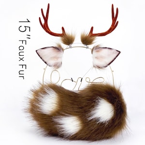 white spots brown faux fur deer ear and tail set faux fur deer ear headband anime cosplay ear neko ear and tail animal ear and tail fawn ear