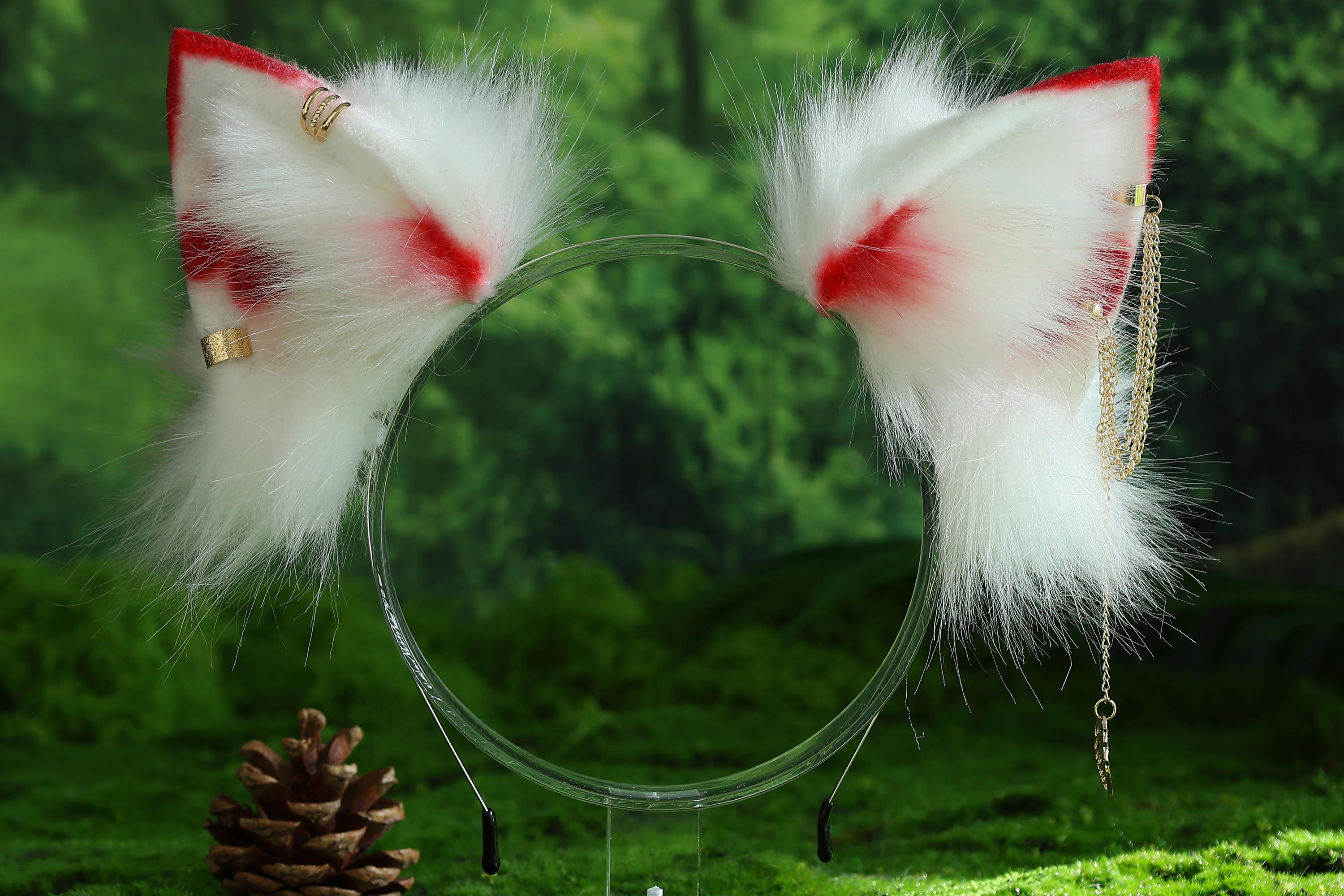 Faux Fur 3 Tailed Kitsune Tail and Ear Set Red White 3 Fox Tails and ...