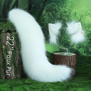 White Faux fur fox ear and tail curved wolf tail and ear cat tail and ear kitten ear and tail set anime cosplay fox kemonomimi wolf petplay