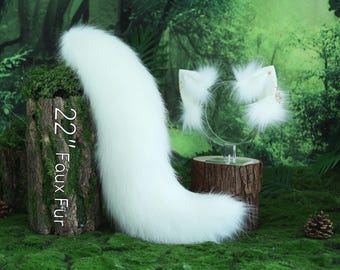 Weiß Kunstfell Fuchs Ohr und Schwanz gebogen Wolf Schwanz und Ohr Katze Schwanz und Ohr Kätzchen Ohr und Schwanz set Anime Cosplay Fuchs kemonomimi wolf Petplay