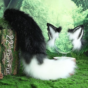 Black white fox ear and tail set faux fur fox kemonomimi wolf ear and tail anime cosplay petplay cat ear and tail kitten ear and tail set