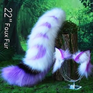 Stitching faux fur purple white fox ear and tail curved wolf tail and ear cat tail and ear kitten ears and tail set anime cosplay role play