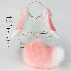 Pink white lop bunny ear cosplay bunny petplay ear and tail set realistic bunny ear and tail set rabbit tail and ear set neko ear bunny ear