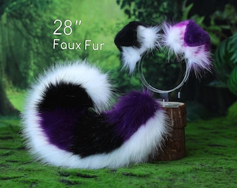 Cola y oreja de perro pastor de piel sintética therian Shiba Inu oreja y cola de perro anime cosplay oreja y cola de cachorro peludo morado negro blanco kemonomimi