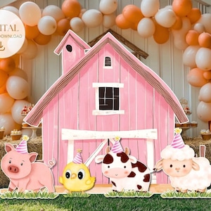 Paquete de recortes de cumpleaños de BIG DECOR FARM, recortes de animales de granja para fiesta de cumpleaños, fondo rosa de granja para baby shower, descarga digital