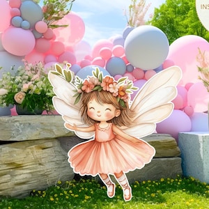 Recortes de decoración grande de hadas, linda decoración de fiesta de cumpleaños de hadas, recortes florales de princesas de hadas para fiesta de cumpleaños de hadas, descarga instantánea