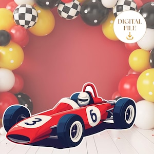 May include: A red race car with the number 3 on the side, surrounded by colorful balloons. The car is on a white wooden surface.  The balloons are red, yellow, black, and white with polka dots.  The text "DIGITAL FILE" is in the upper right corner of the image.