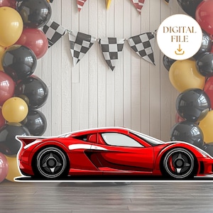 Raceauto verjaardag knipsel, Racing thema feestdecor, rode auto standee, raceauto feest prop, race thema stand-up prop, digitale download