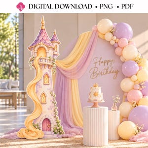 Puede incluir: Una descarga digital que muestra una torre ilustrada con cabello largo amarillo, un fondo drapeado morado y amarillo con el texto Happy Birthday, un pastel de dos niveles sobre un pedestal estriado y un arco de globos en tonos pastel.