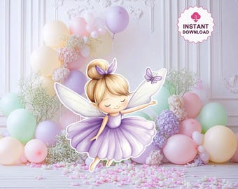 Grande sagoma decorativa di fata, graziosa fata per compleanno, decorazione per feste a tema fatato, fata floreale, principessa, ritagli per feste di compleanno a tema fatato, download immediato.