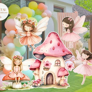 May include: A set of five printable fairy party decorations featuring pink and white fairy wings, a pink mushroom house, and a pink mushroom with a fairy sitting on top. The fairies have pink dresses and brown hair. The decorations are perfect for a fairy-themed party.