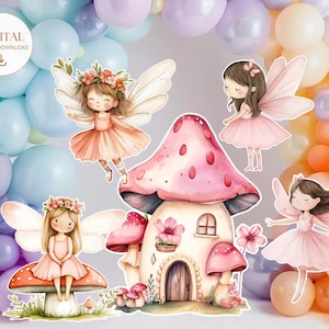 May include: Printable digital download of five fairy themed illustrations. The illustrations include a pink mushroom house, a fairy sitting on a mushroom, and three fairies with wings.