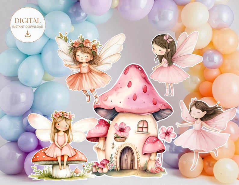 May include: Printable digital download of five fairy themed illustrations. The illustrations include a pink mushroom house, a fairy sitting on a mushroom, and three fairies with wings.