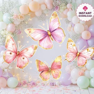 Puede incluir: Cuatro recortes de mariposas en acuarela rosa y dorada, con un fondo de arco de globos en colores pastel. Las mariposas son el punto focal, con el texto "INSTANT DOWNLOAD" en un círculo rosa y blanco.