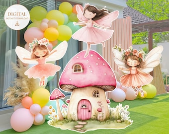 May include: A whimsical scene featuring fairy cutouts, a pink mushroom house, and a balloon arch. The fairies wear dresses and flower crowns. The mushroom house has a pink door and windows. The balloon arch includes pink, yellow, and green balloons. The image has the text "DIGITAL INSTANT DOWNLOAD".