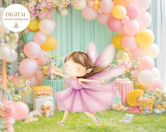 May include: A digital illustration featuring a fairy in a pink dress and wings, set against a backdrop of pastel balloons and floral arrangements. The fairy is dancing on a green lawn, creating a whimsical and celebratory scene.