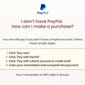 May include: Image with the PayPal logo and text: "I don't have PayPal. How can I make a purchase?" Instructions are provided on how to pay without a PayPal account. The text states the transaction is 100% safe and secure.