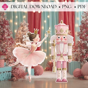 Op de afbeelding: Een digitale downloadafbeelding met een ballerina en een notenkraker. De ballerina draagt een roze tutu en houdt een toverstaf met een ster vast. De notenkraker draagt een roze en gouden uniform. De achtergrond bevat kerstbomen en decoratieve elementen.