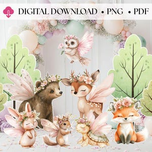 Fairy Woodland Animals Cutouts, Pastel Forest Decorations Soft Pink Baby Girl Baby Shower, Nursery Decor, Digital Download