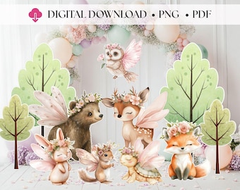 Recortes de animales del bosque de hadas, decoraciones de bosque pastel en rosa suave para baby shower de niña, decoración de guardería, descarga digital