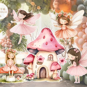 May include: A set of five digital printable cutouts featuring fairies and a mushroom house. The fairies are wearing pink dresses and have wings. The mushroom house is pink and white with a brown door. The background is a green and pink floral pattern.