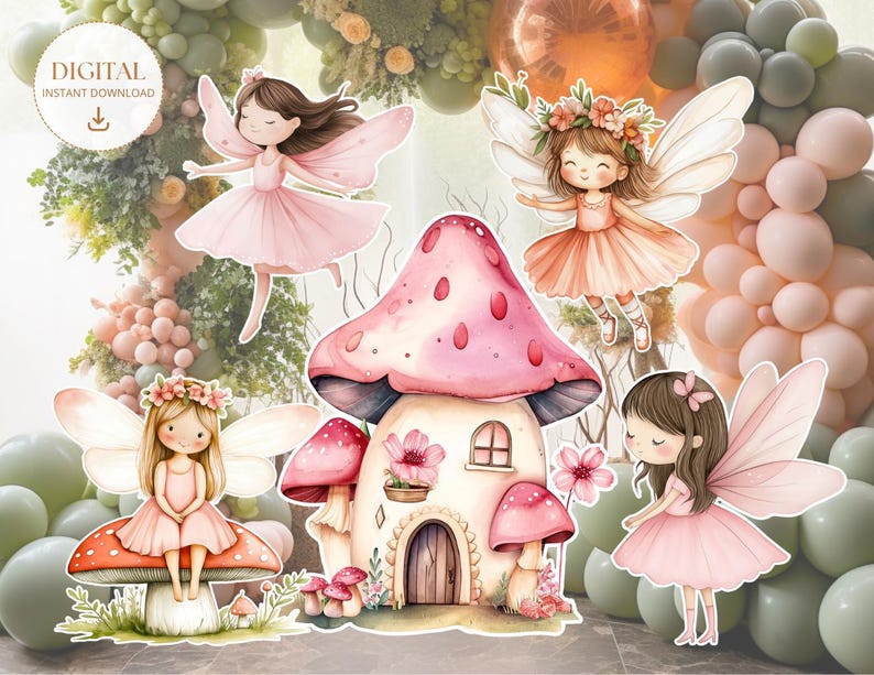 May include: A set of five digital printable cutouts featuring fairies and a mushroom house. The fairies are wearing pink dresses and have wings. The mushroom house is pink and white with a brown door. The background is a green and pink floral pattern.