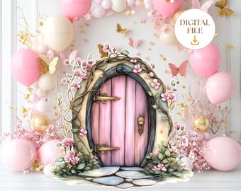 May include: A pink fairy door with vines and flowers, surrounded by pink and white balloons. The door is decorated with gold accents and has a stone path leading to it. The image includes the text "DIGITAL FILE" with a download icon.