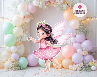 Grande sagoma decorativa di fata, graziosa fata per compleanno, decorazione per feste a tema fatato, fata floreale, principessa, ritagli per feste di compleanno a tema fatato, download immediato.