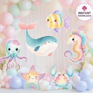 Puede incluir: Ilustraciones de acuarela de criaturas marinas, incluyendo una ballena, pez, caballito de mar, pulpo, estrella de mar y cangrejo. La imagen tiene una paleta de colores pastel e incluye el texto "INSTANT DOWNLOAD" en un círculo rosa.