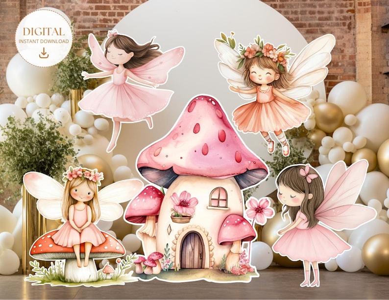 May include: Printable digital cutouts of four fairies and a mushroom house. The fairies are wearing pink dresses with wings and have brown hair. The mushroom house is pink with white accents and has a small door and window. The background is a blurry image of a brick wall and white balloons.