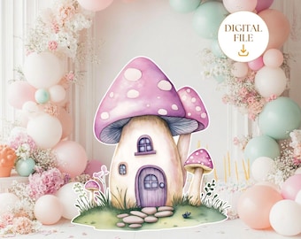 May include: A charming watercolour illustration of a mushroom house with a purple cap and white spots, a purple door, and small windows. The image is labelled "DIGITAL FILE" and is surrounded by pastel balloons and floral arrangements.