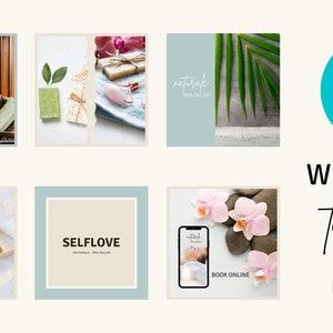 Op de afbeelding: Wellness Instagram-sjablonen voor een spa of salon. De sjablonen bevatten afbeeldingen van spabehandelingen, producten en tekst die "Self Love" en "Online boeken" zegt.