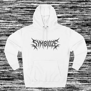 Peut inclure: Sweat à capuche blanc avec une poche avant et un cordon de serrage. Le texte noir "SYMBIOZE" est imprimé sur la poitrine dans une police gothique pointue. Le fond a un effet statique noir et blanc.